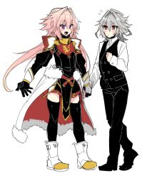 Rule 34 | 2boys, alternate costume, astolfo (fate), belt, belt skirt, black footwear, black gloves, black pantyhose, black thighhighs, black vest, blush, boots, buttons, dot mouth, double-breasted, dress shirt, fang, fate/apocrypha, fate (series), flying sweatdrops, full body, fur-trimmed skirt, fur trim, gauntlets, gloves, grey hair, hair intakes, hand on own chest, haoro, highres, holding hands, long hair, low twintails, male focus, medium hair, multicolored hair, multiple boys, open mouth, pantyhose, pink hair, red eyes, shirt, shoes, showgirl skirt, sieg (fate), simple background, skin fang, skirt, streaked hair, thighhighs, trap, twintails, two-tone hair, very long hair, vest, waistcoat, white background, white footwear, white hair, white shirt