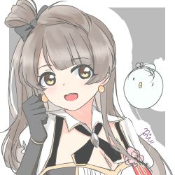 Rule 34 | 1girl, artist name, artist request, black bow, black gloves, blush, bow, breasts, brown eyes, brown hair, cleavage, collared shirt, earrings, female focus, gloves, grey hair, hair bow, highres, jewelry, light brown hair, long hair, love live!, love live! school idol festival, love live! school idol project, medium breasts, minami kotori, minami kotori (bird), parted lips, sakino chikaze, shirt, smile, solo