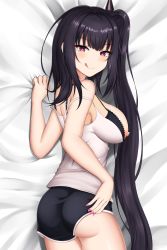 Rule 34 | 1girl, absurdres, architect (girls&#039; frontline), ass, back, barettoarts, black hair, blush, breasts, cameltoe, dakimakura (medium), girls&#039; frontline, hair between eyes, highres, long hair, looking at viewer, looking back, lying, nail polish, nipples, on stomach, pink eyes, pink nails, shorts, side ponytail, sideboob, smile, solo, striped, tank top, thighs, tongue, tongue out, very long hair