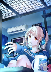 Rule 34 | 1girl, absurdres, air conditioner, blonde hair, blue curtain, blue jacket, clock, commentary request, controller, cup, digital clock, food in mouth, headphones, hedgehog, highres, holding, holding controller, honda sora, indoors, jacket, kashikaze, keyboard (computer), knees up, lonely girl ni sakaraenai, long sleeves, looking at screen, medium hair, mug, off shoulder, open mouth, orange eyes, pocky, pocky in mouth, sitting, solo, teeth