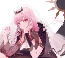 Rule 34 | armlet, black nails, breasts, cape, cleavage, collar, crown, detached sleeves, gem, hand on own face, hololive, hololive english, long hair, mori calliope, nail polish, pink hair, red eyes, simple background, skeleton, smile, spiked collar, spikes, veil, virtual youtuber, yukisame