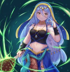 Rule 34 | 1girl, azura (fire emblem), bare shoulders, blue hair, breasts, brown pantyhose, capelet, cleavage, cowboy shot, detached collar, fire emblem, fire emblem fates, fire emblem heroes, green background, tucking hair, highres, holding, holding weapon, jewelry, kutabireta neko, long hair, looking at viewer, medium breasts, midriff, navel, necklace, nintendo, official alternate costume, pantyhose, see-through, simple background, solo, standing, veil, very long hair, weapon, yellow eyes