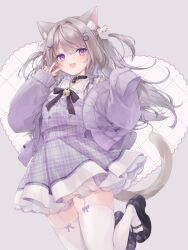 Rule 34 | 1girl, animal ear fluff, animal ears, cardigan, cat ears, cat girl, cat tail, collar, frilled skirt, frills, garter straps, grey hair, highres, indie virtual youtuber, light brown hair, long hair, long sleeves, looking at viewer, minaneko mai, off shoulder, open cardigan, open clothes, plaid, plaid skirt, plaid vest, purple cardigan, purple eyes, purple skirt, purple vest, second-party source, skirt, sleeves past fingers, sleeves past wrists, tail, thighhighs, two side up, ukishizumi, vest, virtual youtuber, white thighhighs