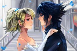 Rule 34 | 10s, 1boy, 1girl, black hair, blonde hair, blue eyes, breasts, dress, eye contact, final fantasy, final fantasy xv, hand on another&#039;s face, larienne, looking at another, lunafreya nox fleuret, noctis lucis caelum, spiked hair, white dress