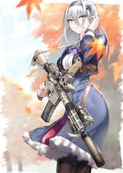 Rule 34 | 1girl, autumn leaves, black jacket, black pantyhose, blue eyes, blue skirt, breasts, closed mouth, commission, frilled skirt, frills, grey hair, gun, hair between eyes, hair ornament, hair over one eye, hairband, highres, holding, holding gun, holding weapon, jacket, leaf, long hair, long sleeves, original, outdoors, pantyhose, rifle, shirt, sig mcx, skeb commission, skirt, solo, utsucan, weapon