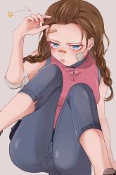 Rule 34 | 1girl, bandages, bandaid, bandaid on face, bandaid on forehead, bandaid on nose, bare arms, bare shoulders, blue eyes, braid, breasts, commentary request, dead by daylight, feet out of frame, grey background, h16 a, highres, injury, jacket, medium breasts, medium hair, meg thomas, pants, patch, pink jacket, ponytail, simple background, sitting, solo, star (symbol), tearing up, twin braids