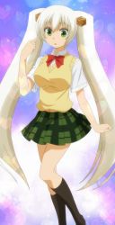 Rule 34 | 1girl, green eyes, hakone-chan, highres, long hair, onsen yousei hakone-chan, pleated skirt, school uniform, screencap, skirt, solo, twintails, very long hair, white hair
