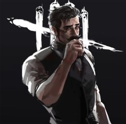 Rule 34 | 1boy, black hair, black vest, brown eyes, collared shirt, dead by daylight, dopey (dopq), dwight fairfield, facial hair, glasses, highres, looking at viewer, male focus, mustache, official alternate costume, shirt, short hair, sideburns, sleeves rolled up, solo, upper body, vest, white shirt