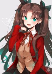 Rule 34 | 1girl, 2016, :d, artist name, blush, brown hair, dated, fate/stay night, fate (series), green eyes, grey background, hair ribbon, heart, homurahara academy school uniform, ichikura tokage, long hair, looking at viewer, open mouth, ribbon, school uniform, simple background, smile, solo, tohsaka rin