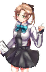 Rule 34 | 1girl, absurdres, agodashi, akigumo (kancolle), akigumo kai ni (kancolle), aqua bow, aqua bowtie, artist glove, blazer, bow, bowtie, breasts, brown hair, collared shirt, drawing tablet, dress, gloves, green eyes, grey dress, hair ribbon, highres, holding drawing tablet, jacket, kantai collection, long hair, looking at viewer, medium breasts, mole, mole under eye, partially fingerless gloves, ponytail, ribbon, school uniform, shirt, sketchbook, smile, solo, stylus