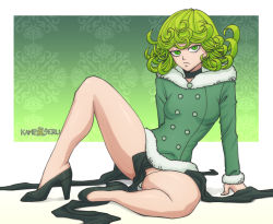 Rule 34 | 1girl, arm support, artist name, breasts, choker, coat, curly hair, dress, female focus, full body, green eyes, green hair, high heels, kameseru, legs, long sleeves, looking at viewer, no panties, one-punch man, sitting, small breasts, solo, tatsumaki, winter clothes, winter coat
