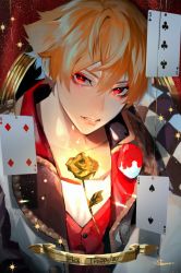 Rule 34 | 1boy, ace trappola, arm behind head, card, character name, eyeshadow, flower, framed, hair between eyes, highres, lapels, makeup, male focus, orange hair, parted lips, playing card, portrait, red eyes, rose, shoco (sco labo), solo, sparkle, twisted wonderland, vest, waistcoat