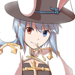 Rule 34 | 1girl, animal ears, arch bishop (ragnarok online), black dress, black hat, blue eyes, blue hair, cleavage cutout, closed mouth, clothing cutout, commentary request, cross, dress, fake animal ears, hat, heterochromia, juliet sleeves, long hair, long sleeves, looking at viewer, mouth hold, natsuya (kuttuki), ponytail, puffy sleeves, rabbit ears, ragnarok online, red eyes, simple background, smile, solo, top hat, two-tone dress, upper body, white background, white dress