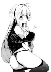 Rule 34 | 1girl, absurdres, antenna hair, ass, bare shoulders, blush, bra, breasts, clothes pull, greyscale, hetaren (ramark), highres, large breasts, long hair, looking at viewer, looking back, monochrome, panties, pantyhose, solo, tsurumaki maki, underwear, vocaloid