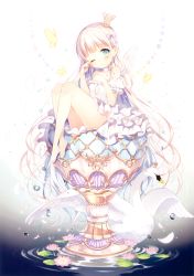 Rule 34 | 1girl, :o, absurdres, barefoot, bird, blonde hair, blue eyes, blush, bug, butterfly, chalice, crown, cup, detached sleeves, dress, earrings, feathers, flower, frilled sleeves, frills, chalice, hair ribbon, hand on own chest, highres, insect, jewelry, lily pad, long hair, looking at viewer, mini crown, neck ribbon, one eye closed, original, oversized object, purple ribbon, ribbon, ripples, scan, short sleeves, single wing, sleeveless, sleeveless dress, solo, sparkle, star (symbol), swan, very long hair, wasabi (sekai), water, water drop, white dress, white wings, wings