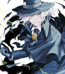 Rule 34 | 1boy, amiamikaokao, cape, commentary request, edmond dantes (fate), fate/grand order, fate (series), fedora, formal, gloves, hand up, hat, highres, long sleeves, looking at viewer, male focus, short hair, smile, solo, suit, teeth, twitter username, upper teeth only, wavy hair, white hair, yellow eyes