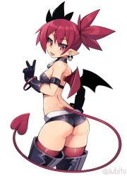 Rule 34 | 1girl, ass, black shorts, cowboy shot, demon girl, demon tail, disgaea, earrings, etna (disgaea), fang, fang out, from behind, hair between eyes, hand on own hip, highres, iwbitu, jewelry, long hair, looking at viewer, looking back, makai senki disgaea, micro shorts, mini wings, pointy ears, red thighhighs, shiny skin, short shorts, shorts, simple background, skull earrings, solo, standing, tail, thighhighs, v, v-shaped eyebrows, white background, wings