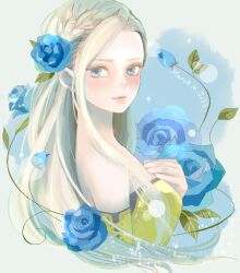 Rule 34 | 1girl, bare shoulders, blonde hair, blue eyes, blue flower, blue rose, blush, braid, breasts, celes chere, dated, detached sleeves, final fantasy, final fantasy vi, flower, grey background, hair flower, hair ornament, hand on own chest, happy birthday, kisa tmy11, long hair, looking at viewer, medium breasts, pale skin, parted bangs, portrait, rose, shirt, solo, strapless, strapless shirt, tube top, upper body