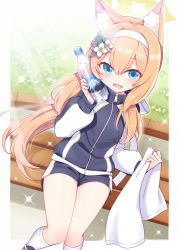 Rule 34 | 1girl, :d, animal ear fluff, animal ears, black footwear, black jacket, black shorts, blonde hair, blue archive, blush, bottle, commentary request, day, feet out of frame, flower, gym shorts, hair between eyes, hair flower, hair ornament, harada (sansei rain), headband, highres, holding, holding bottle, jacket, kneehighs, long hair, long sleeves, looking at viewer, low ponytail, mari (blue archive), mari (track) (blue archive), on bench, open mouth, outdoors, ponytail, puffy long sleeves, puffy sleeves, short shorts, shorts, sitting, smile, socks, solo, sweat, track jacket, very long hair, water bottle, white flower, white headband, white socks