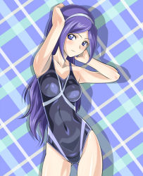 Rule 34 | 00s, 1girl, aono miki, argyle, argyle background, argyle clothes, armpits, arms behind back, arms up, bare shoulders, blue eyes, competition swimsuit, eyelashes, fresh precure!, hairband, long hair, muhi11234, one-piece swimsuit, plaid, precure, purple hair, solo, swimsuit