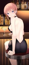 Rule 34 | 1girl, absurdres, arm on table, arm support, back, back cutout, bar (place), bare back, bare shoulders, black dress, blue eyes, blush, breasts, closed mouth, clothing cutout, cocktail glass, cup, dress, drink, drinking glass, earrings, eyelashes, from behind, go-toubun no hanayome, hair between eyes, highres, indoors, jewelry, large breasts, legs, light brown hair, looking at viewer, looking back, nakano ichika, no bra, profnote, short hair, sideboob, single sidelock, smile, solo, stud earrings