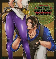 Rule 34 | 1boy, 1girl, ass, belt, biting, biting clothes, blouse, blue eyes, blue shirt, brown background, brown belt, brown hair, character name, collared shirt, dated, dougi, english text, facial hair, fingerless gloves, gloves, hand on another&#039;s leg, happy birthday, head out of frame, highres, jewelry, leg grab, leggings, legs, looking at viewer, lower body, miru (mill 36), mustache, necklace, outside border, ponytail, robert garcia, ryuuko no ken, shirt, snk, stubble, teeth, thigh gap, thighs, upper teeth only, vest, view between legs, yuri sakazaki