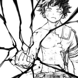 Rule 34 | 1boy, belt, black hair, blood, blood from mouth, blush, bodysuit, boku no hero academia, bruise, buthikireta, clenched hand, closed mouth, commentary request, cowboy shot, energy, expressionless, freckles, greyscale, injury, looking at viewer, male focus, midoriya izuku, monochrome, pouch, short hair, simple background, solo, torn bodysuit, torn clothes, upper body, white background