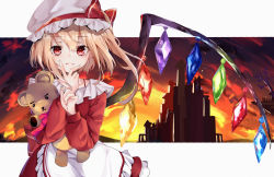 Rule 34 | 1girl, absurdres, apron, blonde hair, castle, commentary, dress, finger to own chin, flandre scarlet, hat, hat ribbon, highres, huge filesize, hugging doll, hugging object, kaya (tyhk7874), letterboxed, long hair, long sleeves, looking at viewer, mob cap, outside border, red dress, red eyes, ribbon, sidelocks, smile, solo, stuffed animal, stuffed toy, teddy bear, touhou, white hat