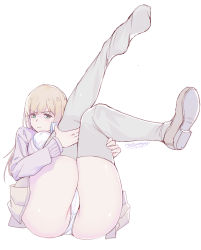 Rule 34 | 10s, 1girl, ass, brown hair, cardigan, green eyes, highres, hitomi o, idolmaster, idolmaster cinderella girls, knees together feet apart, legs up, long hair, looking at viewer, pale color, panties, partially visible vulva, school uniform, shibuya rin, shoes, single shoe, sketch, solo, thighhighs, underwear