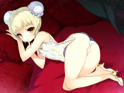 Rule 34 | 1girl, ass, blonde hair, blush, breasts, brown eyes, bun cover, china dress, chinese clothes, double bun, dress, elin, emily (pure dream), finger to mouth, full body, hair bun, high heels, legs together, looking at viewer, lying, no pants, no socks, panties, personification, pillow, short hair, sleeveless, small breasts, smile, solo, tera online, underwear, white panties