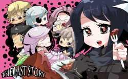 Rule 34 | &gt; &lt;, 3girls, 4boys, alcohol, aq interactive, beer, black hair, blonde hair, blush, brown hair, chibi, crsk, elza (the last story), eyepatch, closed eyes, food, fork, gloves, green eyes, happy, jackal (the last story), kanan (the last story), manamia, mistwalker, multiple boys, multiple girls, nintendo, open mouth, quark (the last story), red eyes, red hair, seiren (the last story), silver hair, sweatdrop, the last story, yuris (the last story)