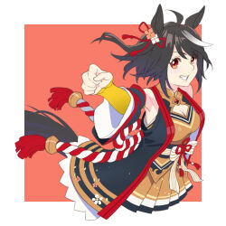 Rule 34 | 1girl, animal ears, black hair, breasts, brown skirt, cleavage, cleavage cutout, clenched hand, clothing cutout, commentary request, grin, horse ears, horse girl, horse tail, kitasan black (umamusume), looking at viewer, medium breasts, multicolored hair, pleated skirt, red background, red eyes, sinnra art, skirt, smile, solo, streaked hair, tail, two-tone background, two side up, umamusume, white background, white hair
