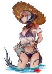Rule 34 | 1girl, absurdres, au ra, warrior of light (ff14), bikini, bikini under clothes, black bikini, blouse, bracelet, closed mouth, clothes lift, commentary request, cowboy shot, dark-skinned female, dark skin, dragon horns, dragon tail, final fantasy, final fantasy xiv, flower, frown, hat, highres, horns, jewelry, kamatpit, lifting own clothes, navel, necklace, purple eyes, red flower, scales, see-through, see-through shirt, shirt, shirt lift, short hair, simple background, solo, straw hat, swimsuit, tail, v-shaped eyebrows, wading, water, wet, wet clothes, wet shirt, white background, white hair, white shirt