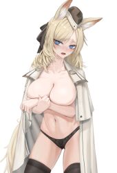 Rule 34 | 1girl, absurdres, animal ears, arknights, black headwear, black panties, black thighhighs, blonde hair, blue eyes, blush, breasts, cape, commentary, covering privates, covering breasts, cowboy shot, fangs, highres, large breasts, long hair, looking at viewer, mildt, navel, nose blush, open mouth, panties, simple background, solo, standing, stomach, tail, thighhighs, thighs, topless, underwear, whislash (arknights), white background, white cape