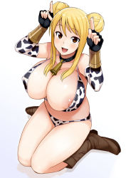Rule 34 | 1girl, :d, animal print, areola slip, bell, bikini, black gloves, blonde hair, blush, boots, breasts, brown eyes, cleavage, collar, covered erect nipples, cow girl, cow print, cow print bikini, cowbell, detached sleeves, double bun, fairy tail, fingerless gloves, full body, gloves, gradient background, hair bun, hands up, horns pose, huge breasts, index finger raised, long hair, looking at viewer, lucy heartfilia, neck bell, nipple slip, nipples, open mouth, print bikini, sitting, smile, solo, strap gap, swimsuit, tamagoroo, taurus form, textless version, vambraces