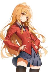 Rule 34 | 1girl, absurdres, aisaka taiga, blue skirt, brown eyes, brown hair, flat chest, hands on own hips, highres, jacket, leaning back, long hair, looking down, oohashi high school uniform, pout, pro-p, red jacket, school uniform, skirt, solo, symbol-only commentary, thighhighs, toradora!, v-shaped eyebrows, white background, zettai ryouiki