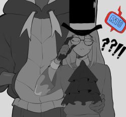 Rule 34 | !?, 2boys, adjusting eyewear, ascot, avery (pokemon), black hair, commentary, constricted pupils, creatures (company), dark-skinned male, dark skin, english commentary, game freak, gen 4 pokemon, glasses, greyscale, gym leader, hat, head out of frame, height difference, highres, long hair, male focus, monochrome, multiple boys, nintendo, nyantcha, pokemon, pokemon (creature), pokemon swsh, raihan (pokemon), rotom, rotom phone, spot color, standing, top hat, torso grab, trap, yaoi