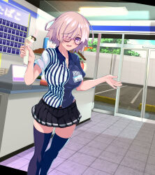 Rule 34 | 1boy, 1girl, barcode scanner, black-framed eyewear, black skirt, black thighhighs, blue shirt, blue sky, blush, bowl cut, breasts, cloud, cloudy sky, collared shirt, commentary request, convenience store, creepy eyes, day, employee uniform, fate/grand order, fate (series), glasses, hair over one eye, highres, koohii koucha maru, large breasts, light purple hair, looking at viewer, mash kyrielight, pleated skirt, purple eyes, rectangular eyewear, rimless eyewear, saeki toshio, shirt, shop, short hair, short sleeves, skirt, sky, smile, solo focus, thighhighs, thighs, two-tone shirt, uniform, when you see it, white shirt, window