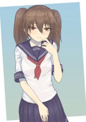 Rule 34 | 1girl, alternate costume, bad id, bad pixiv id, blue sailor collar, blue skirt, blush, brown hair, closed mouth, hair between eyes, highres, kantai collection, long hair, looking at viewer, neckerchief, nito (nshtntr), red eyes, red neckerchief, ryuujou (kancolle), sailor collar, school uniform, serafuku, short sleeves, simple background, skirt, solo, twintails