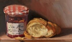 bread croissant food food_focus jam jar no_humans noah_verrier oil_painting_(medium) original painting_(medium) shadow still_life traditional_media