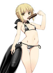Rule 34 | 1girl, artoria pendragon (all), artoria pendragon (fate), bare shoulders, bikini, black bikini, blonde hair, bow, breasts, eating, fate/stay night, fate (series), food, hair bow, innertube, namonashi, navel, open mouth, popsicle, saber (fate), saber alter, shiny clothes, short hair, side-tie bikini bottom, simple background, small breasts, solo, swim ring, swimsuit, white background, yellow eyes