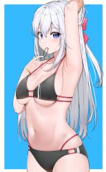 Rule 34 | 1girl, arm up, armpits, bikini, black bikini, blue background, blue eyes, blush, bracer, breasts, commentary request, cowboy shot, hair between eyes, hair ribbon, hair tie, halterneck, highres, long hair, looking at viewer, medium breasts, mouth hold, navel, original, outside border, red ribbon, ribbon, silver hair, simple background, solo, standing, strap gap, suzuharu toufu, swimsuit, tying hair