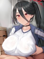 Rule 34 | 1boy, 1girl, absurdres, black choker, black hair, blue archive, blush, breasts, breasts squeezed together, choker, gym storeroom, gym uniform, hair between eyes, halo, hasumi (blue archive), hasumi (track) (blue archive), hetero, highres, huge breasts, jacket, long hair, mole, mole under eye, motion lines, official alternate costume, paizuri, paizuri under clothes, ponytail, pov, red eyes, renetan, shirt, solo focus, sportswear, steam, sweat, track jacket, very long hair, white shirt