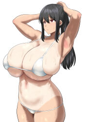 Rule 34 | 1girl, absurdres, armpits, arms behind head, arms up, bare arms, bikini, black hair, breasts, cleavage, closed mouth, cowboy shot, curvy, dumbbelldore, expressionless, hair between eyes, highres, huge breasts, long hair, looking away, micro bikini, navel, original, pink eyes, ponytail, sidelocks, simple background, skindentation, solo, standing, string bikini, sweat, swimsuit, tan, tanline, white background, white bikini