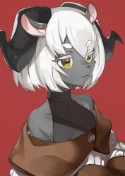 Rule 34 | 1girl, animal ears, body fur, female focus, furry, furry female, goat ears, highres, horns, off shoulder, original, owantogohan, parted lips, red background, short hair, simple background, solo, white hair, yellow eyes