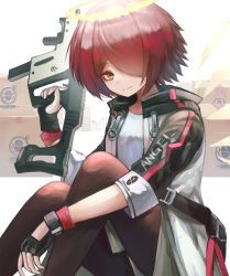 Rule 34 | 1girl, absurdres, arknights, black gloves, black pantyhose, box, cardboard box, detached wings, deyo (nicijyou), energy wings, exusiai (arknights), female focus, fingerless gloves, gloves, gun, hair over one eye, halo, highres, holding, holding gun, holding weapon, jacket, knees up, kriss vector, looking at viewer, open clothes, open jacket, pantyhose, penguin logistics logo, red hair, shirt, short hair, sitting, smile, solo, submachine gun, weapon, white jacket, white shirt, wings