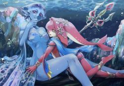 Rule 34 | 2girls, ankle, ass, blue skin, blush, bracelet, bracer, breasts, colored skin, couple, crossover, earrings, female focus, fins, fish girl, hair ornament, hand up, headgear, hug, jewelry, kandori makoto, long hair, looking at viewer, looking back, lots of jewelry, medium breasts, mipha, monster girl, multicolored skin, multiple girls, nintendo, no eyebrows, pointy ears, polearm, princess ruto, purple eyes, red hair, red skin, rock, smile, the legend of zelda, the legend of zelda: breath of the wild, the legend of zelda: ocarina of time, trident, underwater, water, weapon, yellow eyes, yuri, zora