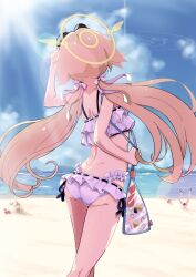 Rule 34 | 1girl, ass, beach, bikini, blue archive, butt crack, dimples of venus, eyewear on head, feet out of frame, frilled bikini, frills, from behind, halo, hifumi (blue archive), hifumi (swimsuit) (blue archive), highres, light brown hair, oozumi 03, outdoors, people, peroro (blue archive), shoulder blades, solo focus, spine, sunglasses, swimsuit, twintails, white bikini