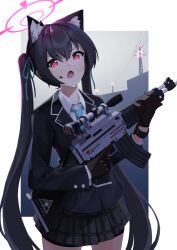 Rule 34 | 1girl, animal ears, black gloves, black hair, black jacket, black skirt, blazer, blue archive, blue necktie, cat ears, collared shirt, cowboy shot, earpiece, extra ears, fang, gloves, gun, hair between eyes, halo, highres, holding, holding gun, holding weapon, jacket, long hair, long sleeves, looking at viewer, necktie, open mouth, pink halo, pleated skirt, red eyes, serika (blue archive), shirt, skirt, solo, totoraisu, twintails, weapon, white shirt