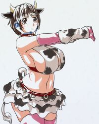 Rule 34 | 1girl, animal ears, animal print, bare shoulders, bikini, bikini top only, breasts, brown eyes, brown hair, closed mouth, collar, cow ears, cow horns, cow print, cow tail, elbow gloves, gloves, headphones, horns, huge breasts, idolmaster, idolmaster cinderella girls, kuma (kumahoihoi), microphone, miniskirt, navel, oikawa shizuku, outstretched arms, pink gloves, pink thighhighs, print bikini, print skirt, red collar, short hair, sideboob, simple background, skirt, smile, solo, swimsuit, tail, thighhighs, white background, yellow horns, zettai ryouiki